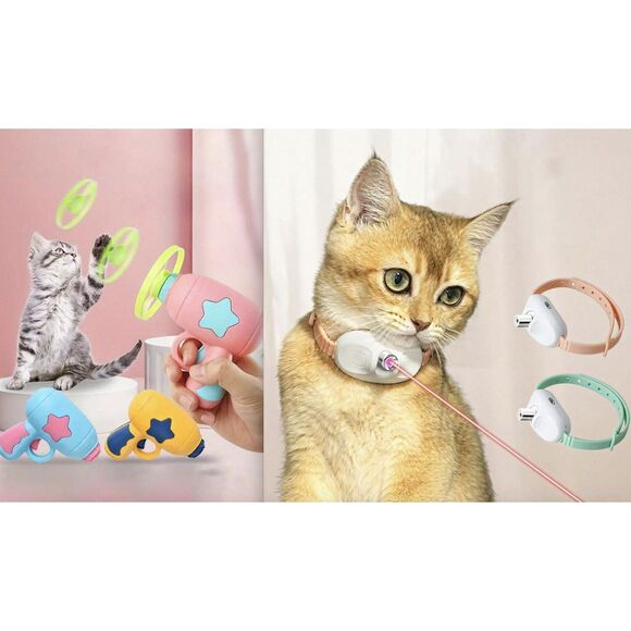 NEW 2x‎ Tech Cat Toys- Laser Light Pointer Collar Flying Disc Kitten Interactive - Picture 1 of 7